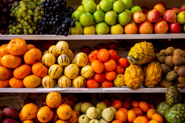 different organic fruits put in a market, custard apple, banana, pear, pomegranate and tangerines