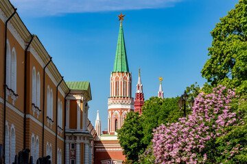 Nikolskaya tower of Moscow kremlin in spring, Russia