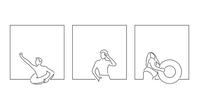 Young people on summer vacation in line art animation. Video footage of three persons framed. Black linear video on white background. Animated gif illustration design.