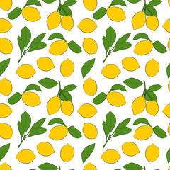A set of seamless pattern with leaves, flowers and lemon. Line drawing. Lines have different widths. 1000x1000, vector graphics.