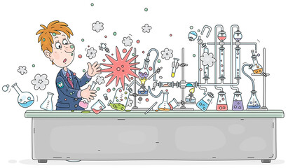 Funny schoolboy with a big scientific idea making an explosion during a dangerous experiment with reagents and equipment at a chemistry lesson in a school class, vector cartoon illustration