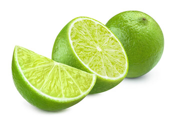 Delicious ripe limes, isolated on white background