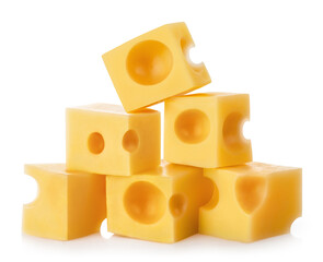 Delicious cheese pieces, isolated on white background