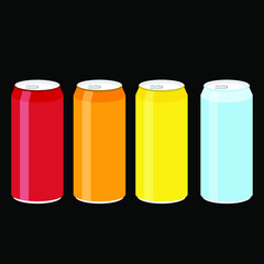 can of soda.Soda in colored aluminum cans set icons isolated on white background.Soft drinks sign.Carbonated non-alcoholic water with different flavors. Drinks in colored packaging.Vector illustration