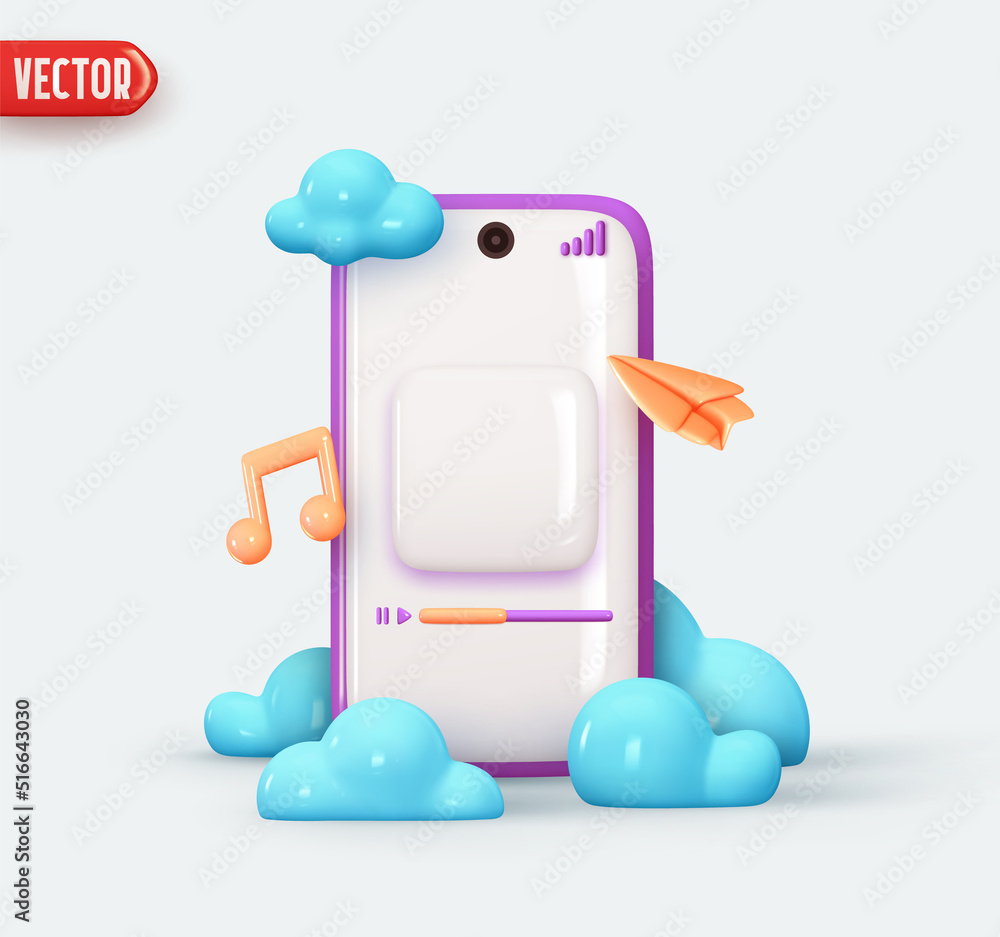 Poster music player on mobile phone. streaming music in online cloud platform. audio radio app. realistic 3