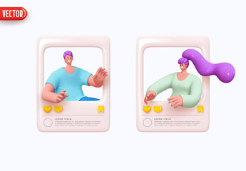 Social media post blogger girl and man. Girls social networks. Captured happy moment of life. Realistic 3d design. Social profile frame young popular people. Selfie creative idea. Vector illustration