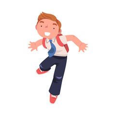 Happy Boy Pupil in Uniform with Tie and Backpack Running with Joy Excited About Back to School Vector Illustration