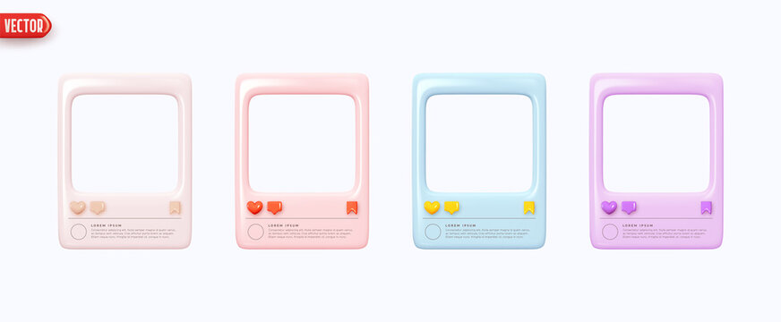 Social Media Clean Empty Post Template. Set colorful Frame border of social networks. Realistic 3d design. Decorative element, for advertising banner and poster. Vector illustration