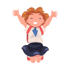 Happy Girl Pupil in Uniform with Tie and Backpack Jumping with Joy Excited About Back to School Vector Illustration