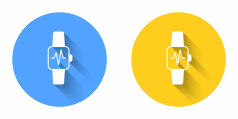 White Smart watch showing heart beat rate icon isolated with long shadow background. Fitness App concept. Circle button. Vector