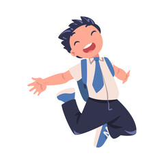 Happy Boy Pupil in Uniform with Tie and Backpack Jumping with Joy Excited About Back to School Vector Illustration