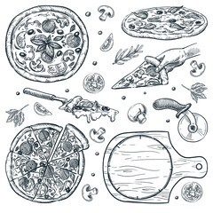 Italian pizza set. Fast food snacks vector sketch illustration. Pizzeria menu hand drawn vintage design elements - 516643297