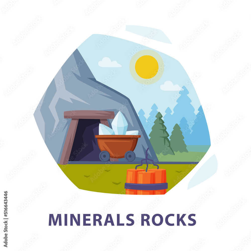 Poster natural mineral rocks resource with mining and metal extraction hexagonal shape picture vector illus