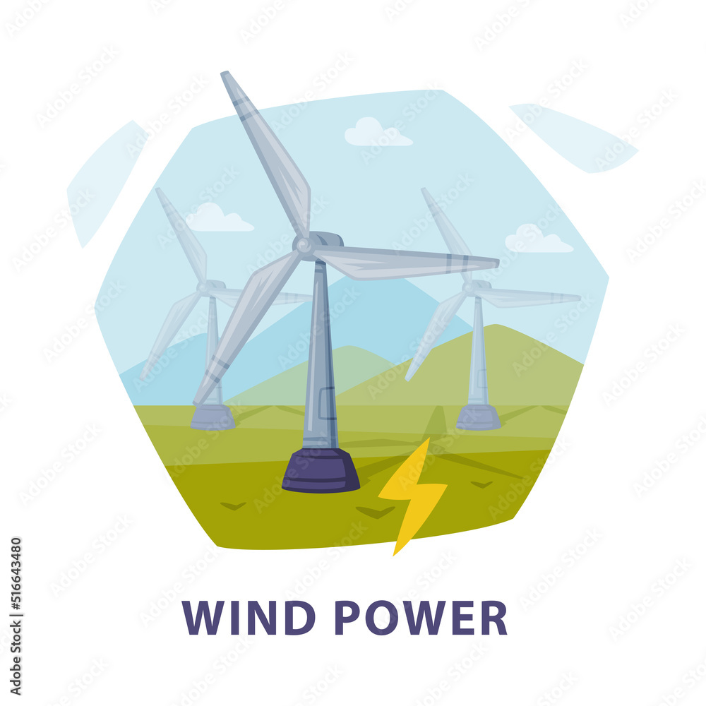 Poster natural resource with wind power generator hexagonal shape picture vector illustration