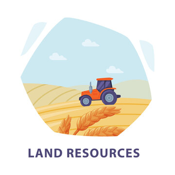 Natural Land Resource with Grain Field and Tractor as Agriculture Hexagonal Shape Picture Vector Illustration