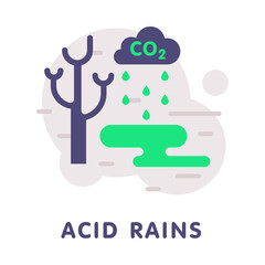 Acid Rains with Bare Tree, Cloud and CO2 with Drops of Toxic Emission Vector Illustration