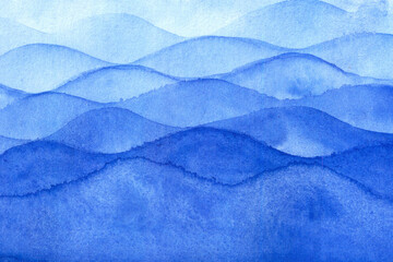 Fototapeta premium Watercolor hand drawn painted background with sea waves in blue colors as backdrop with copy space