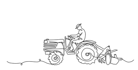 Tractorchauffeur, boer, man. Vector achtergrond, spandoek, poster, landbouwmachines concept. Een doorlopende lijntekening illustratie tractorbestuurder
