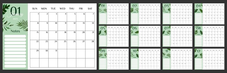 Calendar 2023 template planner decorated with botanical art texture. Colorful planner 2023 with calendar. Vector illustration. Blank white notebook page A4. Printable template. Week Starts on Sunday