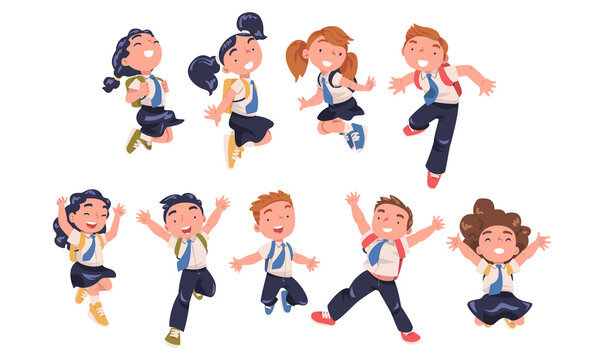 Happy Pupils in Uniform with Tie and Backpack Jumping with Joy Excited About Back to School Vector Set