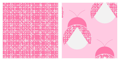 The delicate pink girly seamless print set with cute creative bugs and canvas or burlap texture.