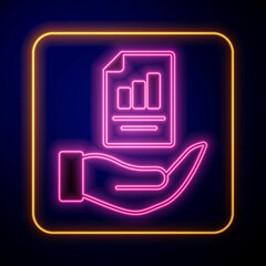 Glowing neon Contract in hand icon isolated on black background. Insurance concept. Security, safety, protection, protect concept. Vector