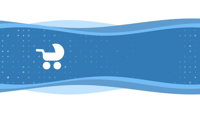 Animation of blue banner waves movement with white baby carriage symbol on the left. On the background there are small white shapes. Seamless looped 4k animation on white background