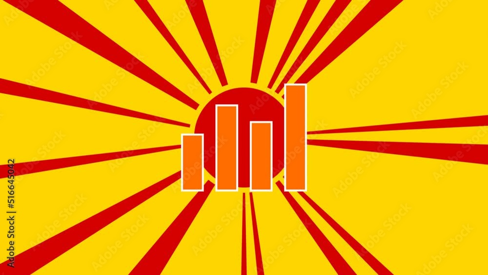 Poster chart line symbol on the background of animation from moving rays of the sun. large orange symbol in