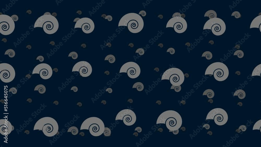 Poster Marine nautilus symbols float horizontally from left to right. Parallax fly effect. Floating symbols are located randomly. Seamless looped 4k animation on dark blue background