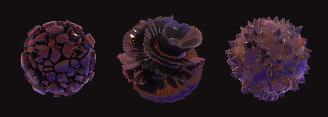 Dark objects with oil slick texture. Dark background with purple abstract shapes. Closeup of alien object.