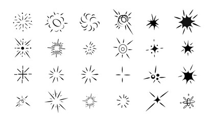 Stars sparkle compositions. Shine black stars stencil, isolated diverse sparkling elements. Sky objects, blink vector signs clipart