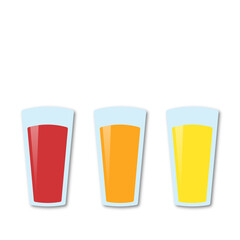 Set icons glasses with juice. Juice Glasses set. Colorful set of juices. Realistic glasses with healthy beverages. Vegan juice. Cleansing and detox. Orange, red berry, tomato juices, smoothie. Vector 