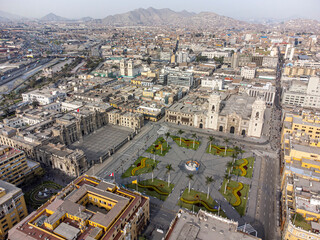 Aerial view of the Plaza Mayor of Lima, from a drone in Peru
