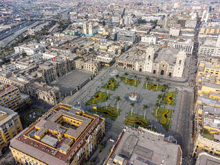 Aerial view of the Plaza Mayor of Lima, from a drone in Peru
