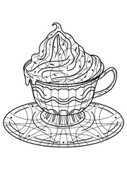 Freehand sketch for adult antistress coloring page with doodle and zentangle elements. Cup of hot drink with cream. Coffee with ice cream.