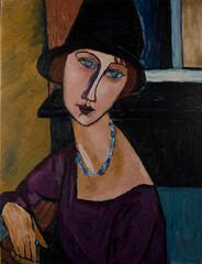 Portrait of a girl in a hat. Beautiful oil painting on canvas. Based on the magnificent painting by...