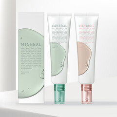 Vector 3D Illustration Serum Tube Packaging with Tinted Green or Pink Transparent Screw Cap. Minimalist Carton Box Design with Water Drop Print..