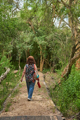 Naklejka na ściany i meble Hispanic mature woman walking along a nature trail in El Palmar National Park, Entre Rios, Argentina. Concepts: nature travel, enjoying the outdoors, active life. 
