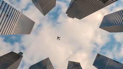 Obraz na płótnie Canvas Air transportation concept. Perspective view skyscraper and airplane. Business and travel concept. 3d rendering