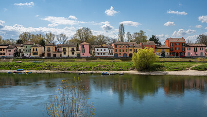 Fototapeta na wymiar Colorful typical houses of Borgo Ticino in Pavia, Lombardy, Italy