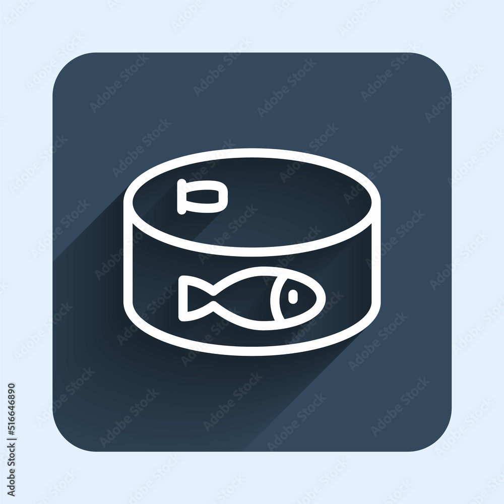 Poster white line canned fish icon isolated with long shadow background. blue square button. vector