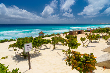 Sandy beach with azure water on a sunny day near Cancun, Mexico