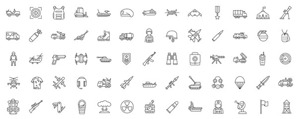 Set of simple outline military icons. Collection contains such icons as vehicles, air forces, soldier, bomb, artillery, gun. - obrazy, fototapety, plakaty