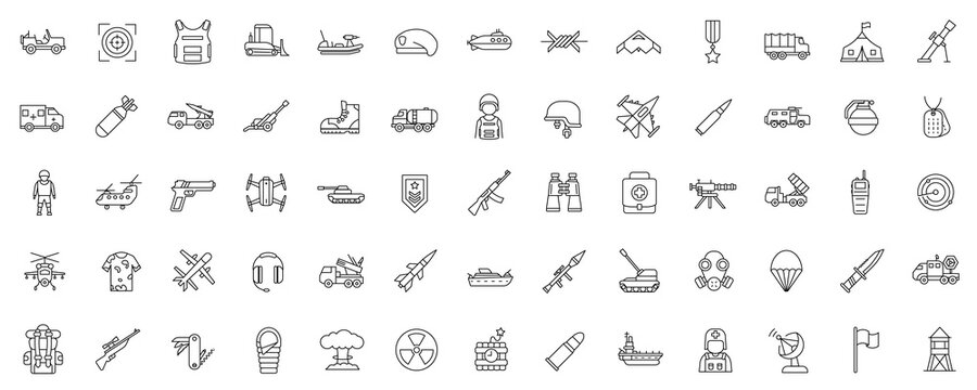Set of simple outline military icons. Collection contains such icons as vehicles, air forces, soldier, bomb, artillery, gun.