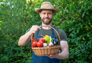man in straw hat hold basket full of vegetables