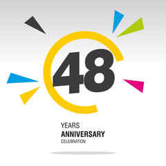 48 Years Anniversary, number in broken circle with colorful bang of confetti, logo, icon, white background