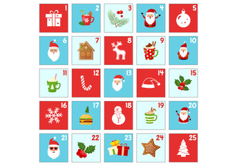 Christmas advent vector calendar, xmas countdown, number december background, cartoon holiday poster. Festive cute illustration