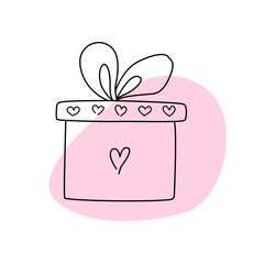 Hand drawn gift box with hearts doodle style, vector illustration isolated on white background. Packaging for holiday present, party decoration, black outline design element