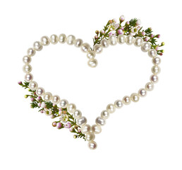 Freshwater pearls in a heart shape frame with floral arrangement (waxflowers) isolated on white