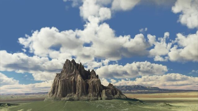 Aerial cinematic panorama of Shiprock from drone. Natural landscape of the Valley of New Mexico, United States of America
